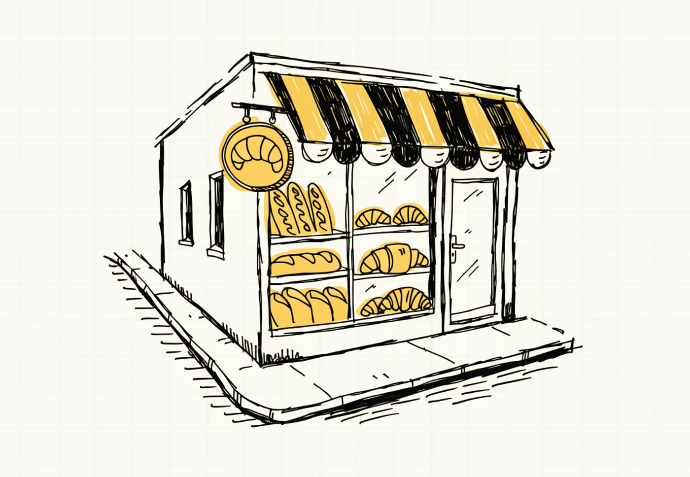Dibujo de una panadería de barrio en una esquina, con toldo a rayas y un cartel de una medialuna