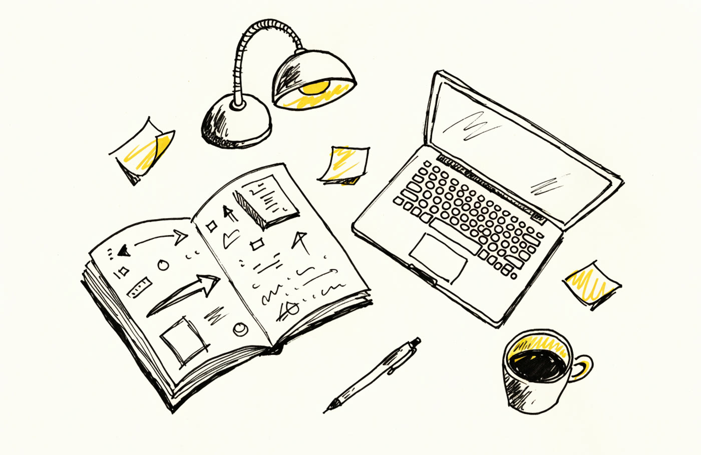 Dibujo de un escritorio de trabajo visto desde arriba, con cuaderno, notebook, café y notas